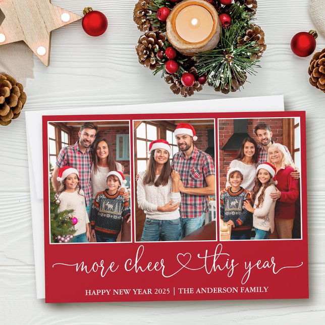 Tarjeta Festiva Calligraphy Heart More Cheer Red 3 Photo (Customize to add text to back of card.)