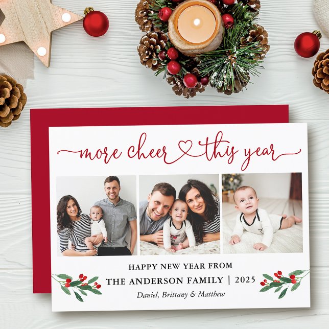Tarjeta Festiva Calligraphy Heart More Chely Holly 3 Photo Red (Customize to add text to back of card.)