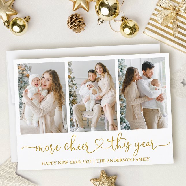Tarjeta Festiva Calligraphy Heart More Chet 3 Photo Gold (Customize to add text to back of card.)