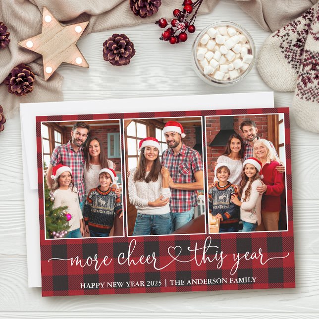 Tarjeta Festiva Calligraphy Heart Plaid More Cheter 3 Photo (Customize to add text to back of card.)
