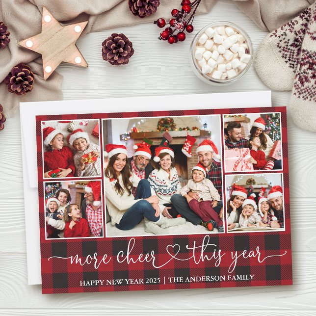 Tarjeta Festiva Calligraphy Heart Plaid More Cheter 5 Photo (Customize to add text to back of card.)