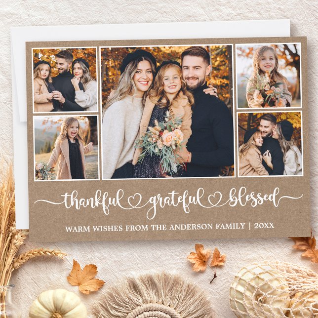 Tarjeta Festiva Calligraphy Heart Thankful 5 Photo Kraft (Customize to add text to back of card.)