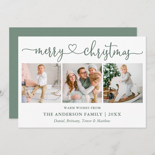 Tarjeta Festiva Calligraphy Hearts Navidades 3 Photo Sage Green (Anverso / Reverso)