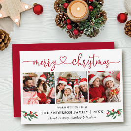 Tarjeta Festiva Calligraphy Hearts Navidades Holly 3 Foto Red