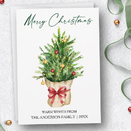 Tarjeta Festiva Calligraphy Ink Christmas Watercolor Pine Red Bow