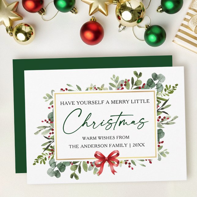 Tarjeta Festiva Calligraphy Ink Watercolor Greenery Red Bow (Customize to add text to back of card.)