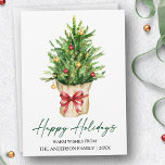 Tarjeta Festiva Calligraphy Ink Watercolor Pine Tree Red Bow<br><div class="desc">Modern Elegant Calligraphy Ink Script Happy Holidays Card includes a Watercolor Pine Tree in a paper bag with a Red Ribbon Bow,  Gold and Red Christmas Ornaments.</div>