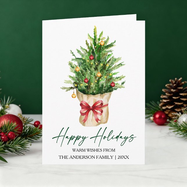 Tarjeta Festiva Calligraphy Ink Watercolor Pine Tree Red Bow Fold (Customize your change your personalized text size or text style.)
