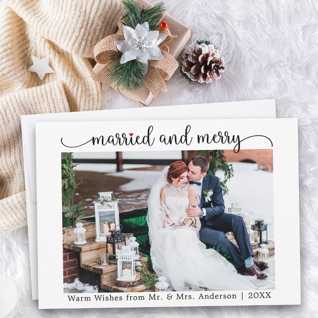 Tarjeta Festiva Calligraphy Red Heart Married and Merry Photo (Customize to change your personalized text size or text style.)