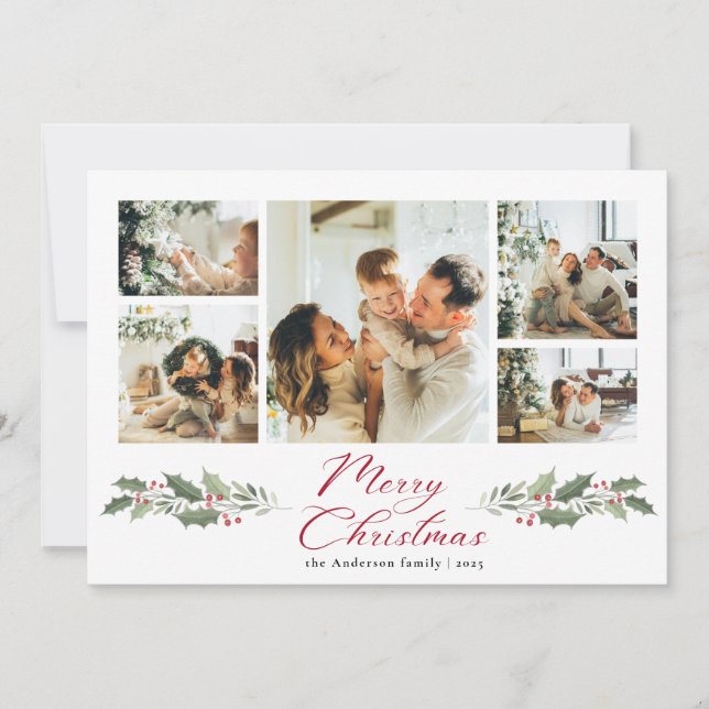 Tarjeta Festiva Calligraphy Script Merry Photo Collage Christmas (Anverso)