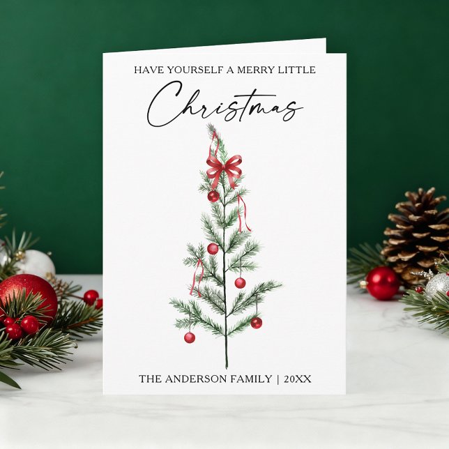 Tarjeta Festiva Calligraphy Watercolor Christmas Tree Red Bow Fold (Customize to change your personalized text size or text style.)