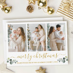 Tarjeta Festiva Calligraphy Watercolor Eucalyptus Navidades Gold<br><div class="desc">La moderna caligrafía Script Merry Christmas 3 Photo Holiday Card incluye hojas de eucalipto de color de agua. Texto dorado.</div>