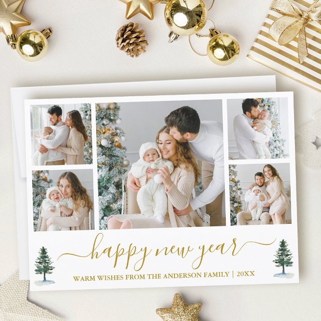 Tarjeta Festiva Calligraphy Watercolorines New Year Gold (Customize to add text to back of card.)