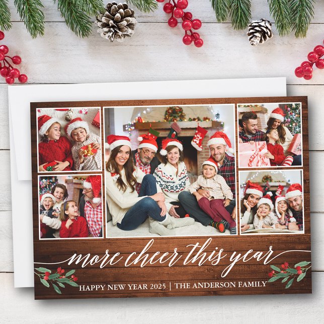 Tarjeta Festiva Calligraphy Wood Más Alegre Este Año 5 Foto (Customize to add text to back of card.)