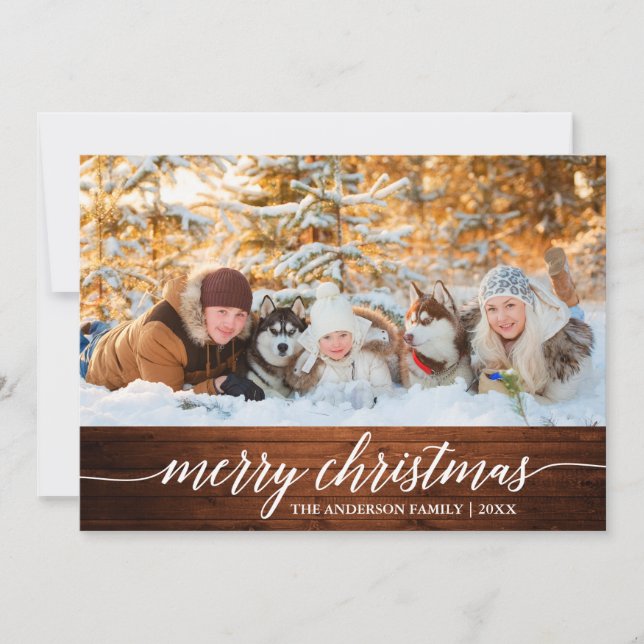 Tarjeta Festiva Calligraphy Wood Merry Christmas Family Photo (Anverso)