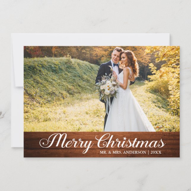 Tarjeta Festiva Calligraphy Wood Merry Christmas Star Photo (Anverso)