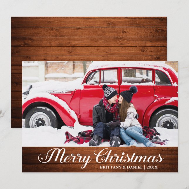 Tarjeta Festiva Calligraphy Wood Star Fotos navideñas (Anverso / Reverso)
