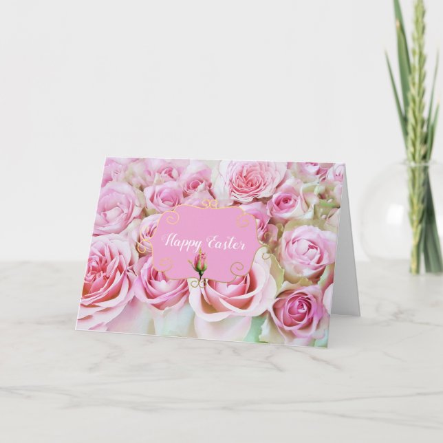 Tarjeta Festiva Cama de los rosas rosada Pascua (Anverso)
