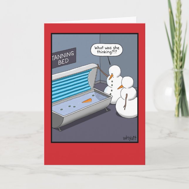 Tarjeta Festiva Cama que broncea del muñeco de nieve (Anverso)