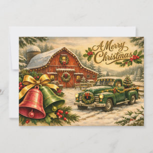 Tarjeta Festiva Camión Antiguo Navideño, Granero y Campanas