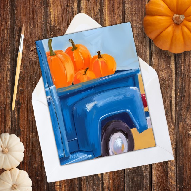 Tarjeta Festiva Camión azul de las calabazas acuarela Acción de Gr (Subido por el creador)