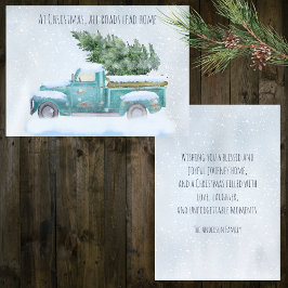 Tarjeta Festiva Camión azul vintage que transporta árbol de Navida