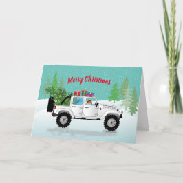 Tarjeta Festiva Camión blanco 4x4 con Sheltie, en Navidades de nie