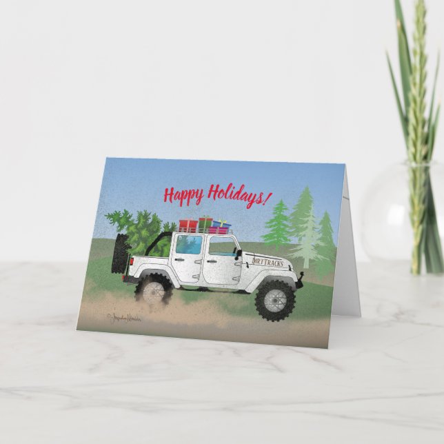 Tarjeta Festiva Camión blanco sucio de 4 lazos, árbol de Navidad,  (Anverso)