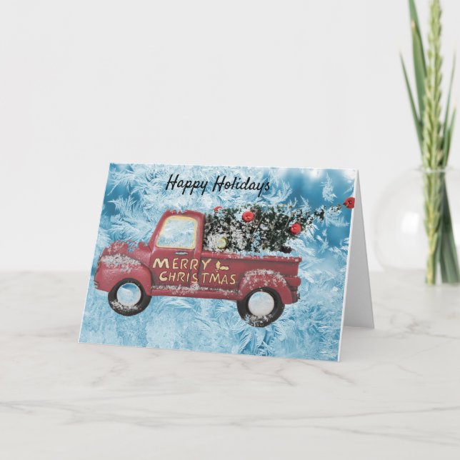 Tarjeta Festiva camión de cosecha roja sobre fondo de copo de niev (Anverso)