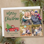 Tarjeta Festiva Camión de escritura de pincel moderno 3 Navidades<br><div class="desc">Moderno Cepillo Verde Guión acuarela Vintage Camión Rojo con Árbol de Navidad - Feliz Navidad Familia 3 Tarjeta Kraft de fotos</div>