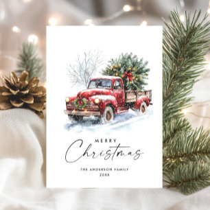 Tarjeta Festiva Camión de granja retro rojo árbol navideño bohemio