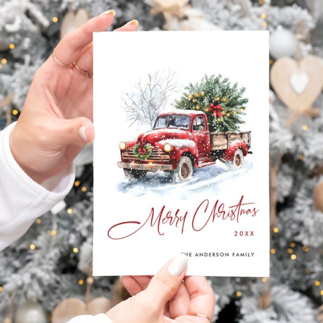 Tarjeta Festiva Camión de granja retro rojo árbol navideño bohemio (Subido por el creador)