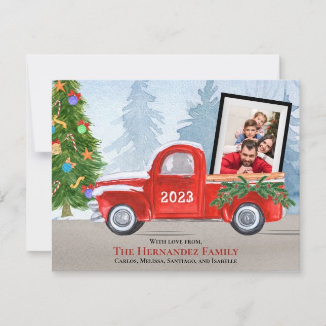 Tarjeta Festiva Camión de Navidades rojos con foto múltiple (Anverso)