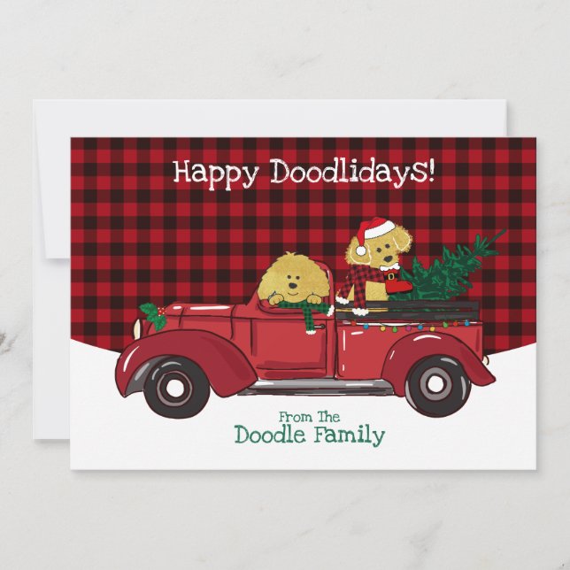 Tarjeta Festiva Camión de Navidades rojos Hand Drawn Goldendoodles (Anverso)
