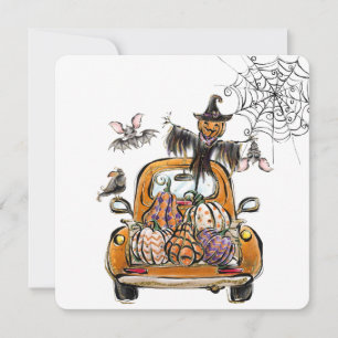 Tarjeta Festiva Camión de parche de calabaza de otoño con pájaro e