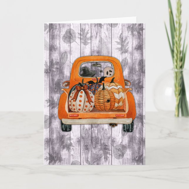 Tarjeta Festiva Camión de recolección de naranja de Halloween con  (Anverso)