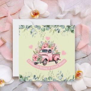 Tarjeta Festiva Camión Floral Vintage Rosa Día de la Madre Plano