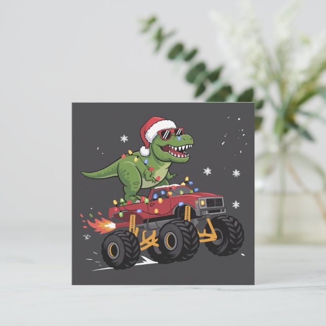 Tarjeta Festiva Camión Monstruo Navideño Dinosaurio T-Rex (Anverso de pie)