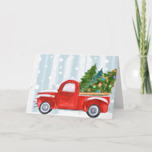 Tarjeta Festiva Camión Recogido Rojo navidades en un camino de nie