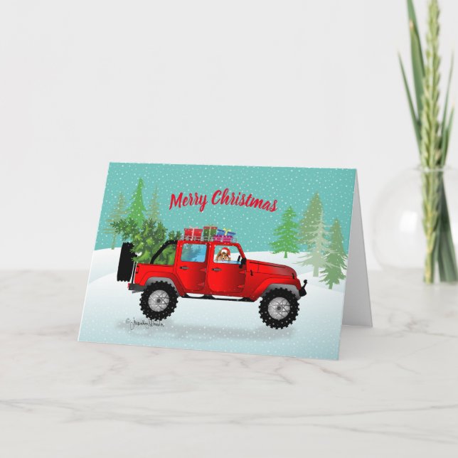 Tarjeta Festiva Camión Rojo 4x4 con plataforma de nieve en vacacio (Anverso)
