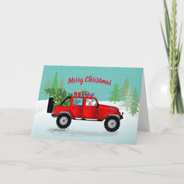 Tarjeta Festiva Camión rojo, 4x4, laboratorio amarillo, Navidades  (Anverso)