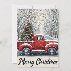 Tarjeta Festiva Camión Rojo Antiguo y Camino del Árbol Nevado
