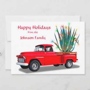 Tarjeta Festiva Camión rojo con cactus brillante en blanco, Plano,