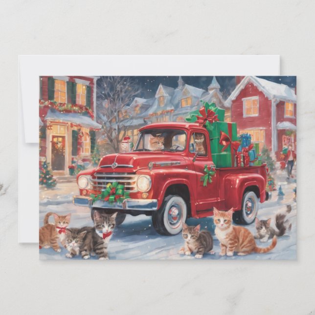 Tarjeta Festiva Camión rojo con Navidades Kitty Cats (Anverso)