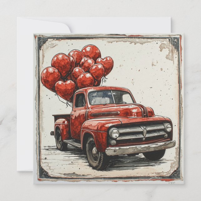 Tarjeta Festiva Camión Rojo de San Valentín: Afecto Rojo (Anverso)