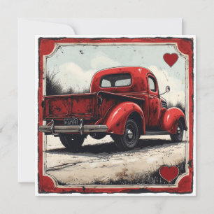 Tarjeta Festiva Camión Rojo de San Valentín: Afecto vintage