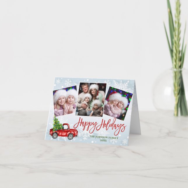 Tarjeta Festiva Camión Rojo Retro 4 Navidades FOTOGRÁFICOS Saludos (Anverso)