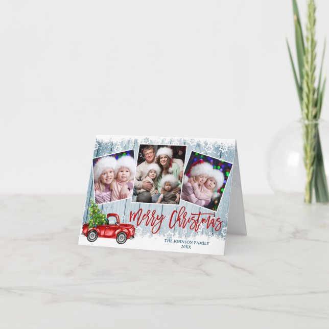 Tarjeta Festiva Camión Rojo Retro 4 Navidades FOTOGRÁFICOS Saludos (Anverso)