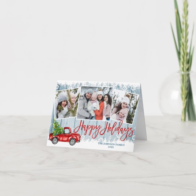 Tarjeta Festiva Camión Rojo Retro 4 Navidades FOTOGRÁFICOS Saludos (Anverso)
