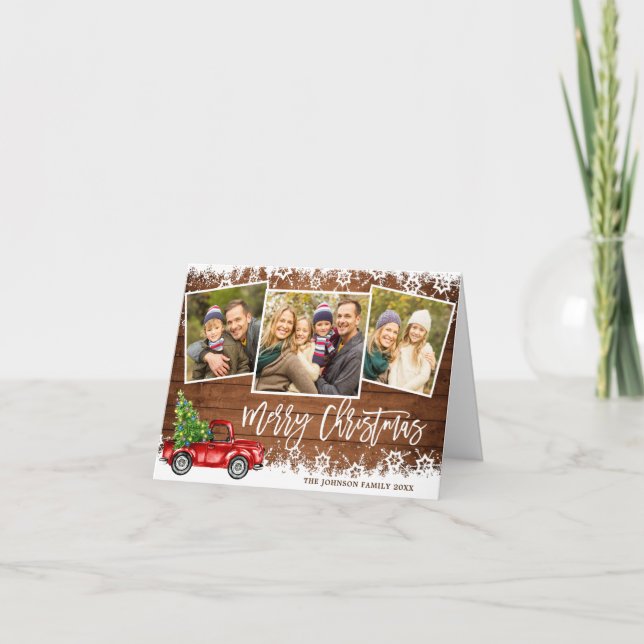 Tarjeta Festiva Camión Rojo Retro 4 Navidades FOTOGRÁFICOS Saludos (Anverso)